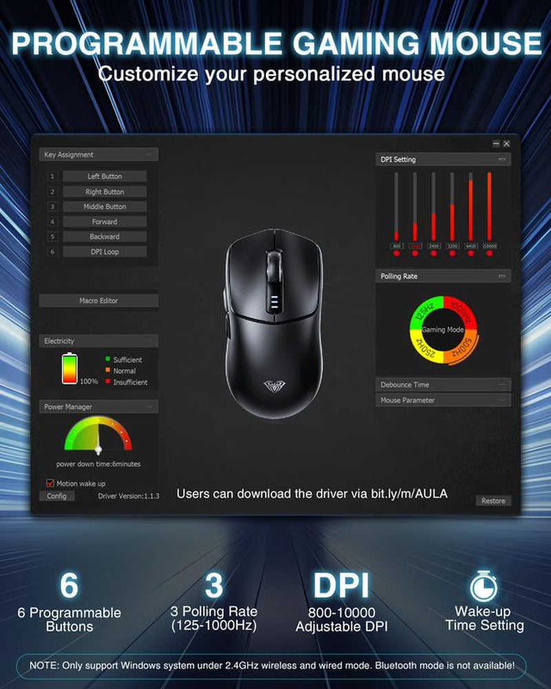 AULA SC580 Wireless Gaming Mouse, Tri-Mode 2.4G/BT5.0/USB-C Gaming Mouse, 10000 DPI Rechargeable Wireless Mouse, Gaming Mouse with 6 Programmable Buttons and Summer Anti-Slip Stickers, Office Desktop Laptop PC Accessories