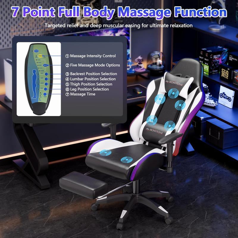 【Wider Seat】Mr IRONSTONE Gaming Chair with Speakers and Rgb Lighting Ergonomic Massage Computer Gaming Chair with Broaden Cusion and Footrest High Back Video Game Chair for Adults Kids Boyfriend Father'S Gift, Blue Black and Pink, Dealsforyoudays