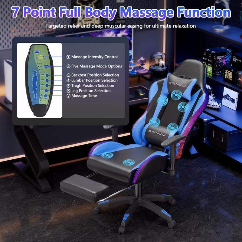 【Wider Seat】Mr IRONSTONE Gaming Chair with Speakers and Rgb Lighting Ergonomic Massage Computer Gaming Chair with Broaden Cusion and Footrest High Back Video Game Chair for Adults Kids Boyfriend Father'S Gift, Blue Black and Pink, Dealsforyoudays