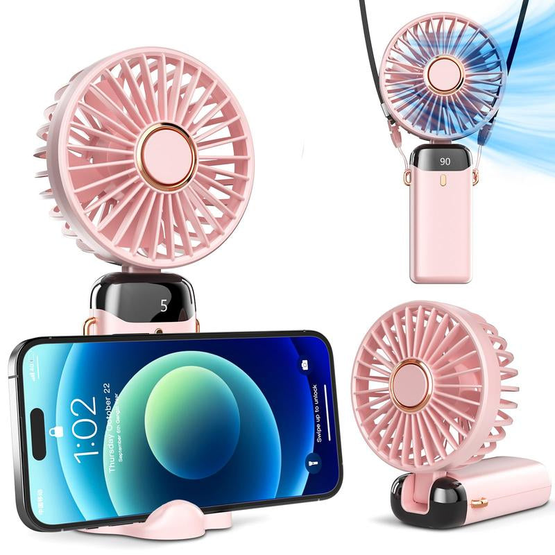 USB Rechargeable Handheld Portable Fan with Phone Holder for Iphone Android Mobile Phone, Cooling Fan with Digital Display, Portable Mini Fan, 90° Ajustable Handheld Fan for Outdoor Sports