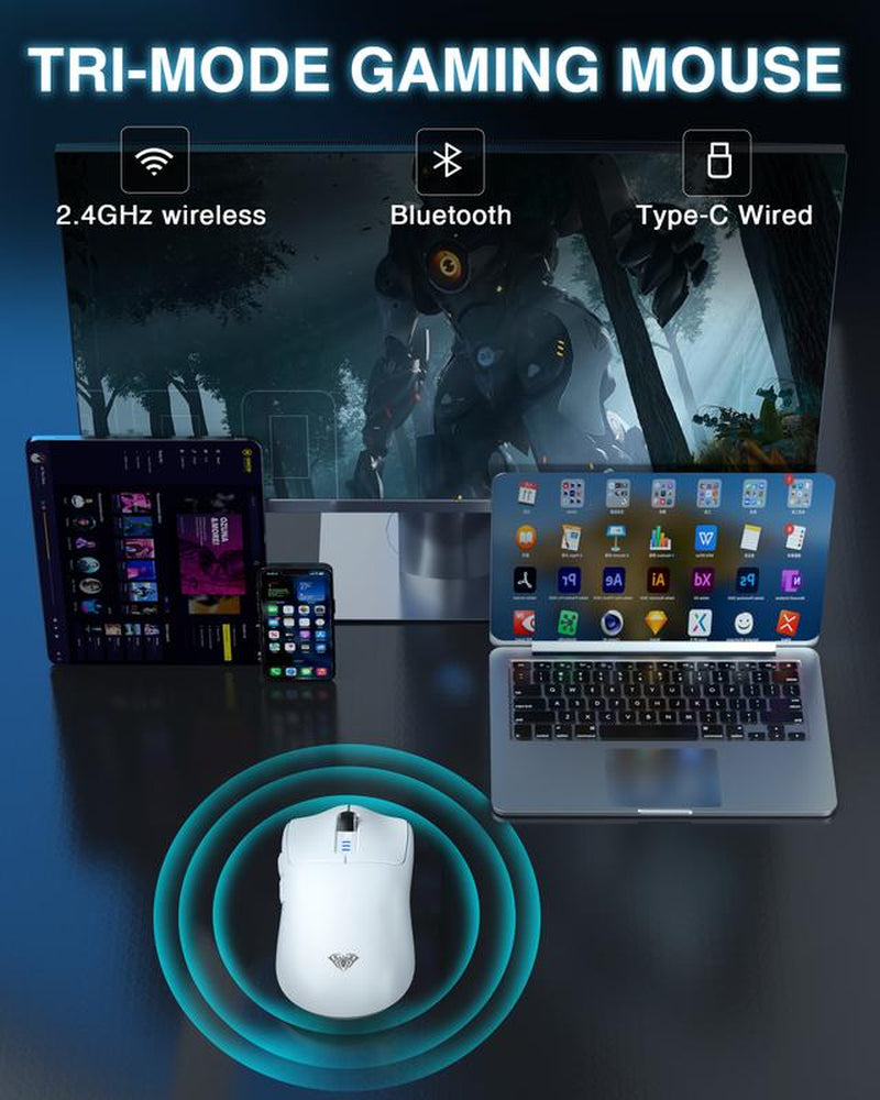 AULA SC580 Wireless Gaming Mouse, Tri-Mode 2.4G/BT5.0/USB-C Gaming Mouse, 10000 DPI Rechargeable Wireless Mouse, Gaming Mouse with 6 Programmable Buttons and Summer Anti-Slip Stickers, Office Desktop Laptop PC Accessories