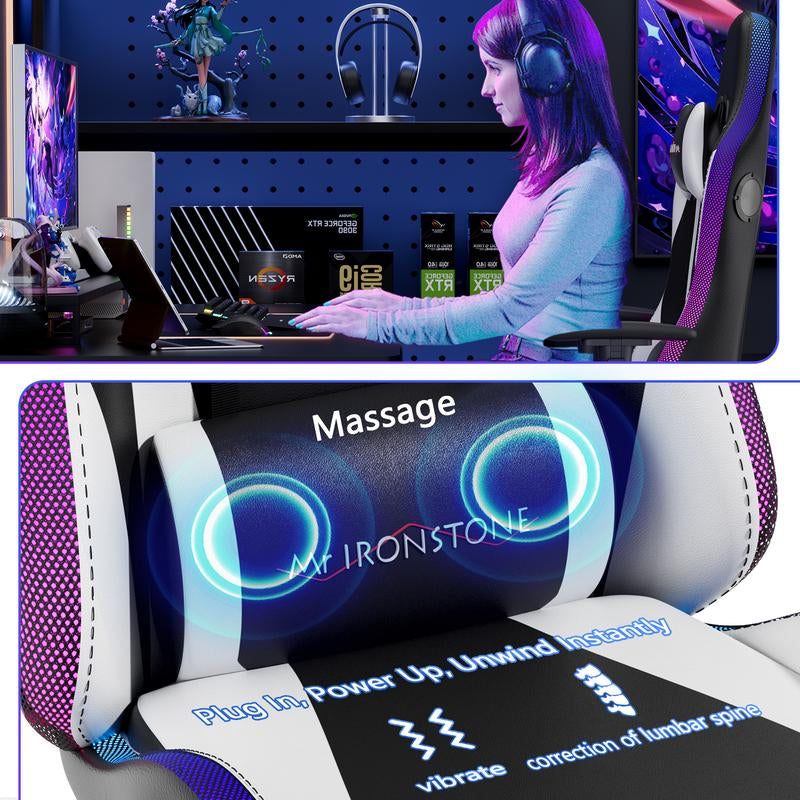 【Wider Seat】Mr IRONSTONE Gaming Chair with Speakers and Rgb Lighting Ergonomic Massage Computer Gaming Chair with Broaden Cusion and Footrest High Back Video Game Chair for Adults Kids Boyfriend Father'S Gift, Blue Black and Pink, Dealsforyoudays