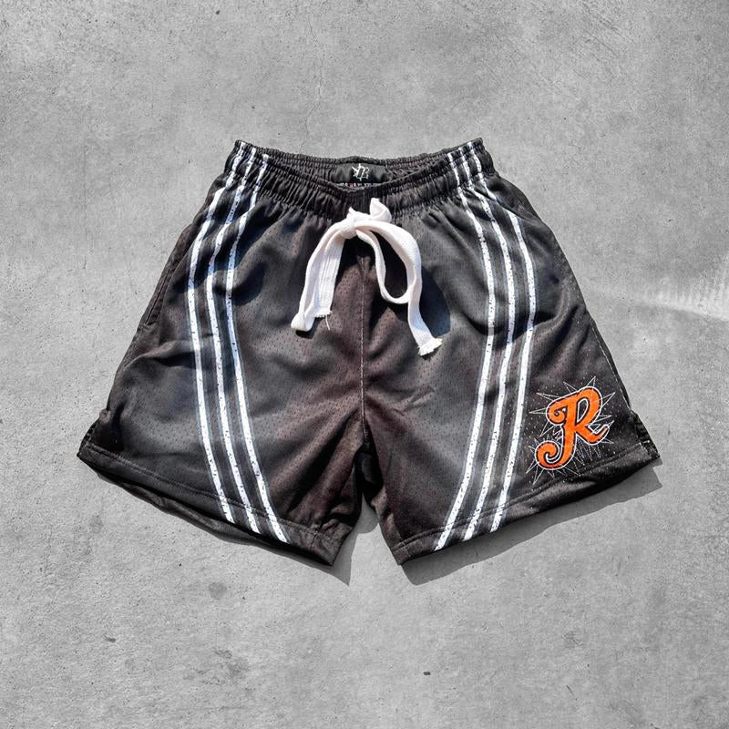 Rise Apparel Mens Mesh Shorts with Striped Design Front Zipper Closure & Embroidered "R" Logo Casual Style for Men Vintage Drawstring Classic Fit Outdoor Activities with Side Pockets - Menswear