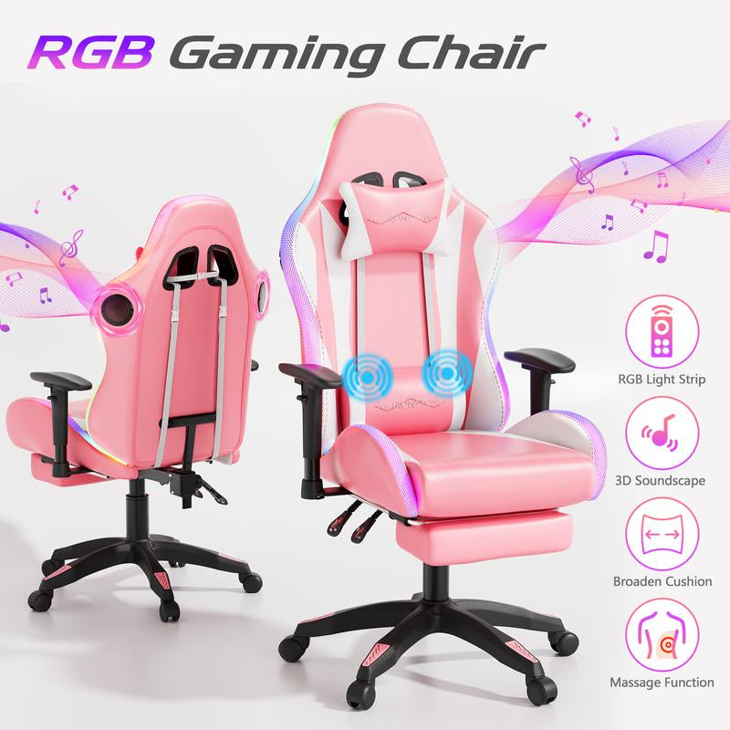 【Wider Seat】Mr IRONSTONE Gaming Chair with Speakers and Rgb Lighting Ergonomic Massage Computer Gaming Chair with Broaden Cusion and Footrest High Back Video Game Chair for Adults Kids Boyfriend Father'S Gift, Blue Black and Pink, Dealsforyoudays