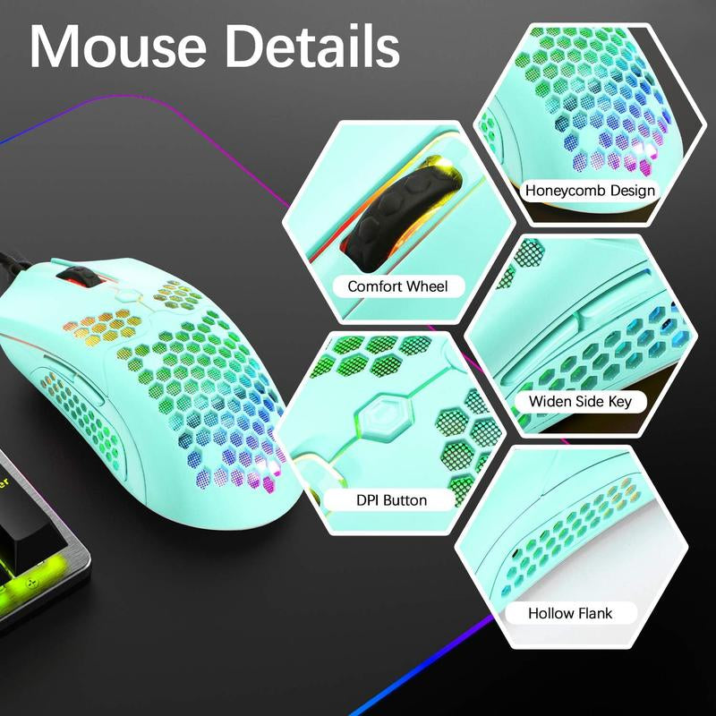 MAMBASNAKE Wired Gaming Keyboard and Mouse Combo,Blue LED Backlit Mechanical Keyboard,12K DPI RGB Ultra Light Gaming Mouse,Gaming Mouse Pad for PC Gamer(Macaron Green)
