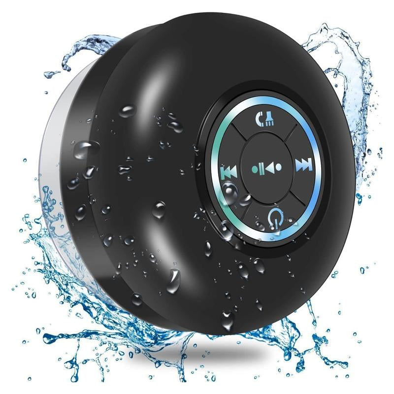 Mini Bluetooth Shower Speaker with LED Light, Portable IPX4 Waterproof, Hands-Free Speakerphone. Rechargeable Using Micro USB, Wireless Stereo for Beach, Shower & Home
