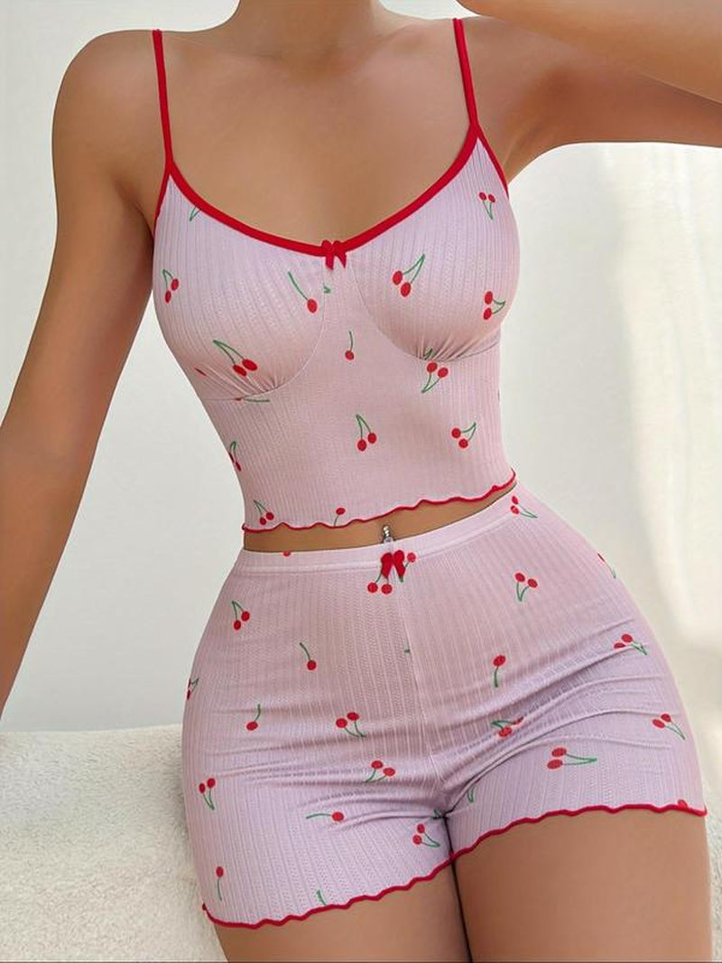 Women'S Lettuce Trim Cherry Print Pyjama Set, Casual Adjustable Strap Camisole & Shorts PJ Set, Summer Clothes Women, Fashion PJ Homewear