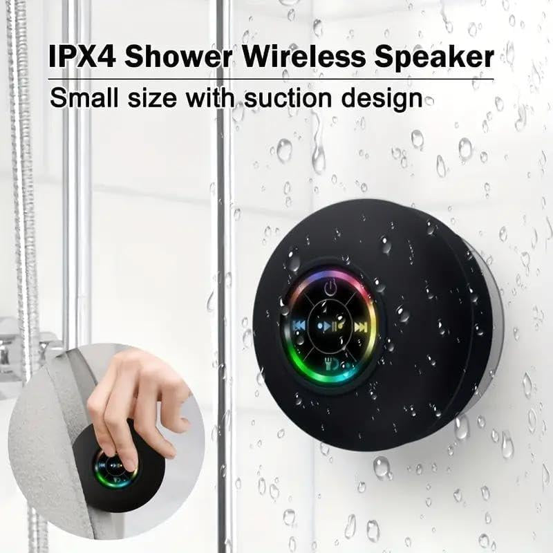 Mini Bluetooth Shower Speaker with LED Light, Portable IPX4 Waterproof, Hands-Free Speakerphone. Rechargeable Using Micro USB, Wireless Stereo for Beach, Shower & Home