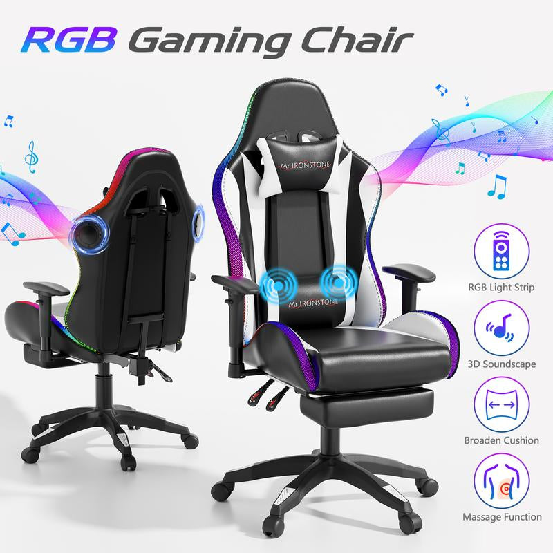 【Wider Seat】Mr IRONSTONE Gaming Chair with Speakers and Rgb Lighting Ergonomic Massage Computer Gaming Chair with Broaden Cusion and Footrest High Back Video Game Chair for Adults Kids Boyfriend Father'S Gift, Blue Black and Pink, Dealsforyoudays