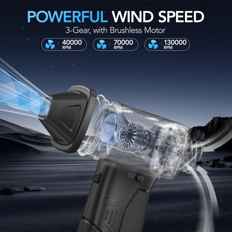 Highyes Electric Air Duster—130,000 RPM Brushless Turbo Fan, Portable Dust Blower for Cleaning Electronics, 3-Speed Cordless Blower with 4000Mah Battery, Suitable for Keyboard, Outdoor, Car and Home Cleaning