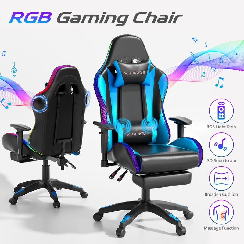 【Wider Seat】Mr IRONSTONE Gaming Chair with Speakers and Rgb Lighting Ergonomic Massage Computer Gaming Chair with Broaden Cusion and Footrest High Back Video Game Chair for Adults Kids Boyfriend Father'S Gift, Blue Black and Pink, Dealsforyoudays