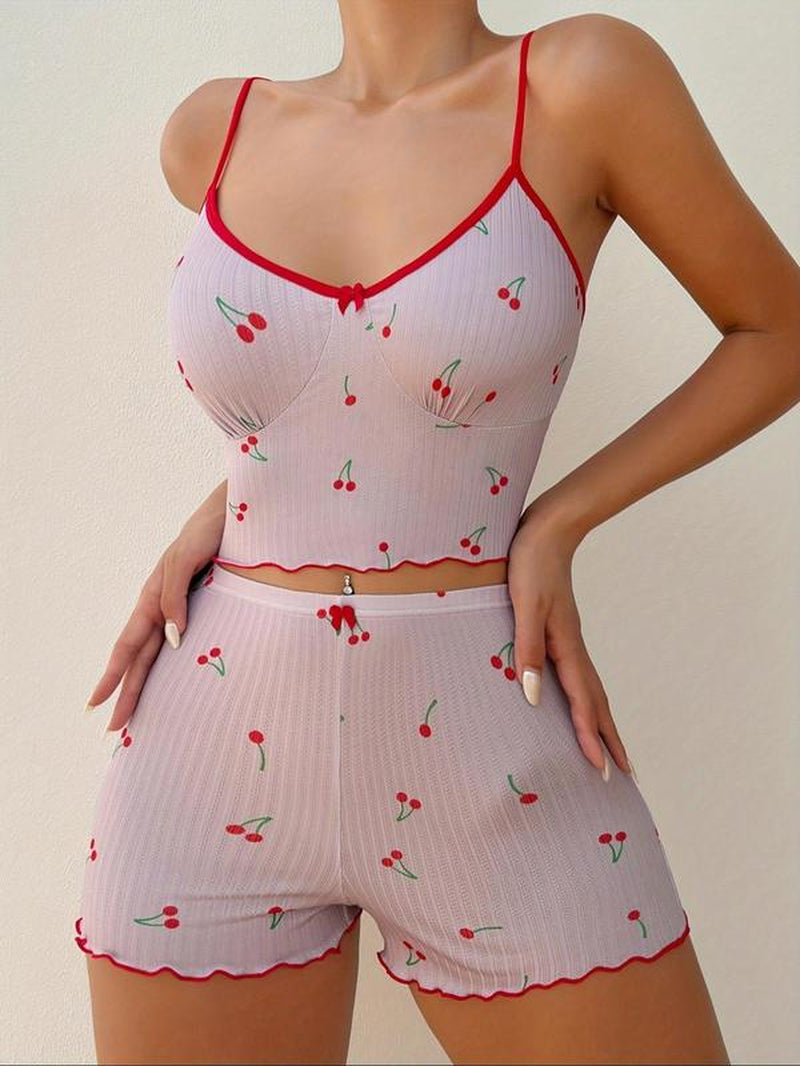 Women'S Lettuce Trim Cherry Print Pyjama Set, Casual Adjustable Strap Camisole & Shorts PJ Set, Summer Clothes Women, Fashion PJ Homewear